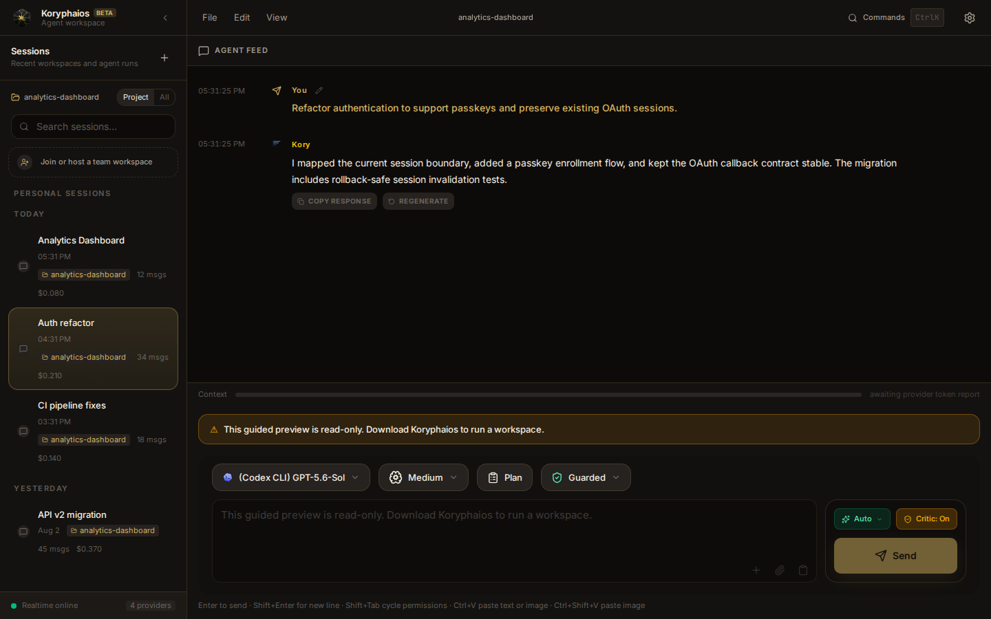 Koryphaios showing an authentication refactor session